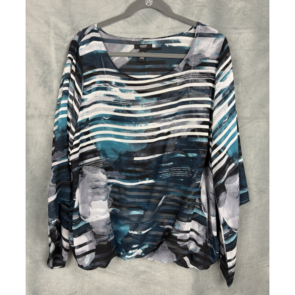 Alfani Blouse Plus Size 2X Blue Gray Abstract Watercolor Flared Long Sleeve